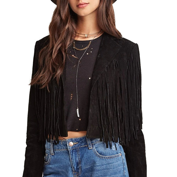 HAODUOYI Jackets & Blazers - HAODUOYI Black Faux Suede Fringe Tassle Jacket